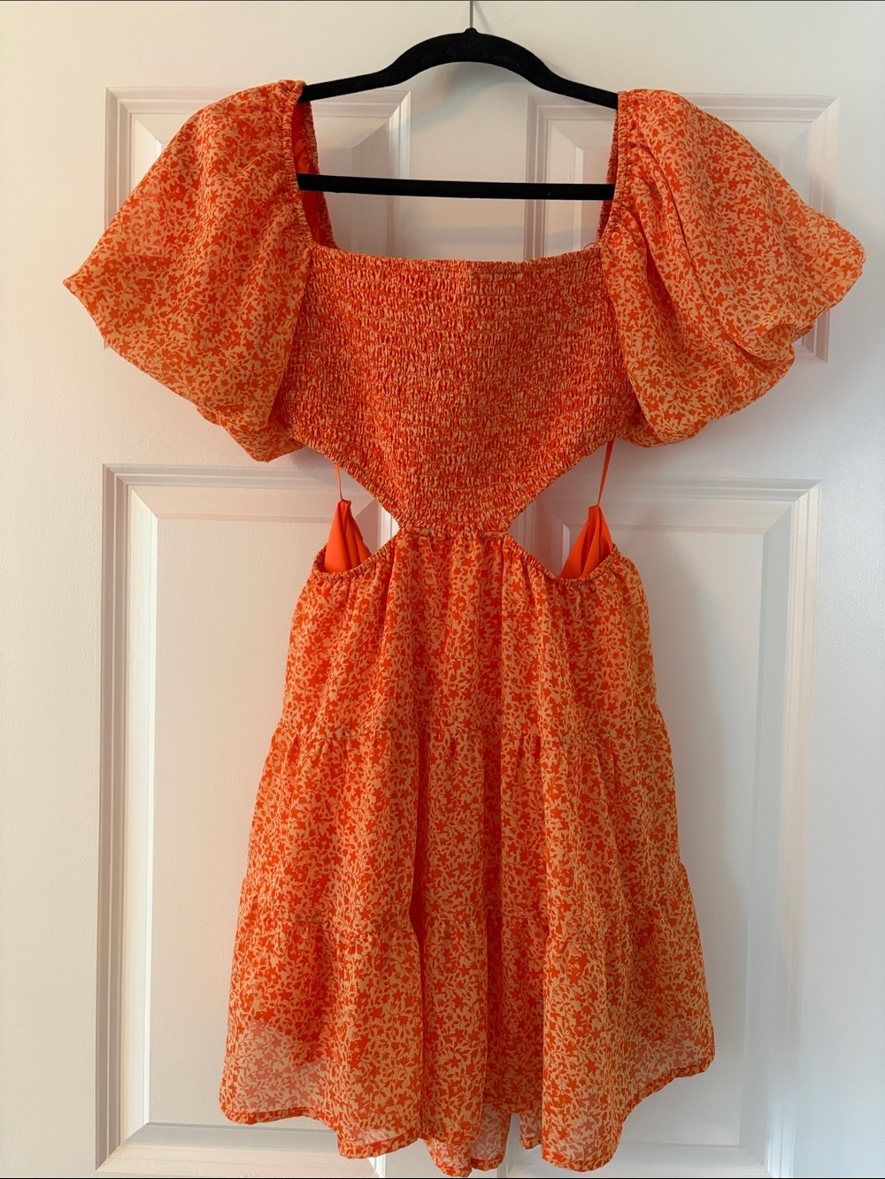 Orange Floral Puff Sleeve Smocked Mini Dress